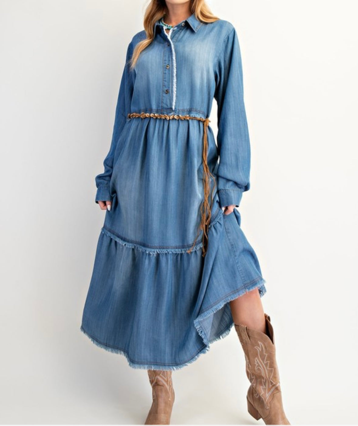 Button Front Washed Denim Maxi Dress by Easel