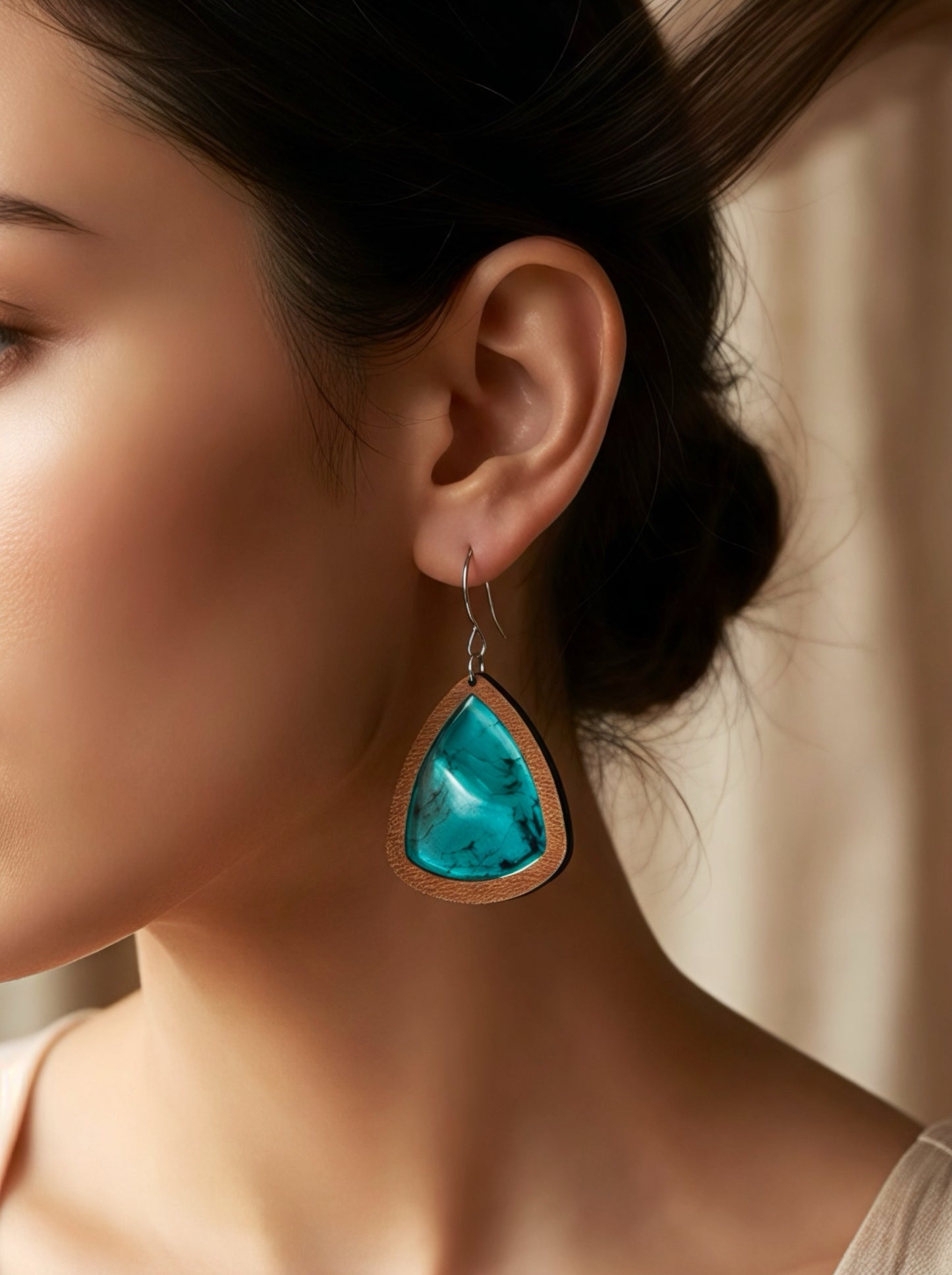 Wood/acrylic triangle turquoise color earrings