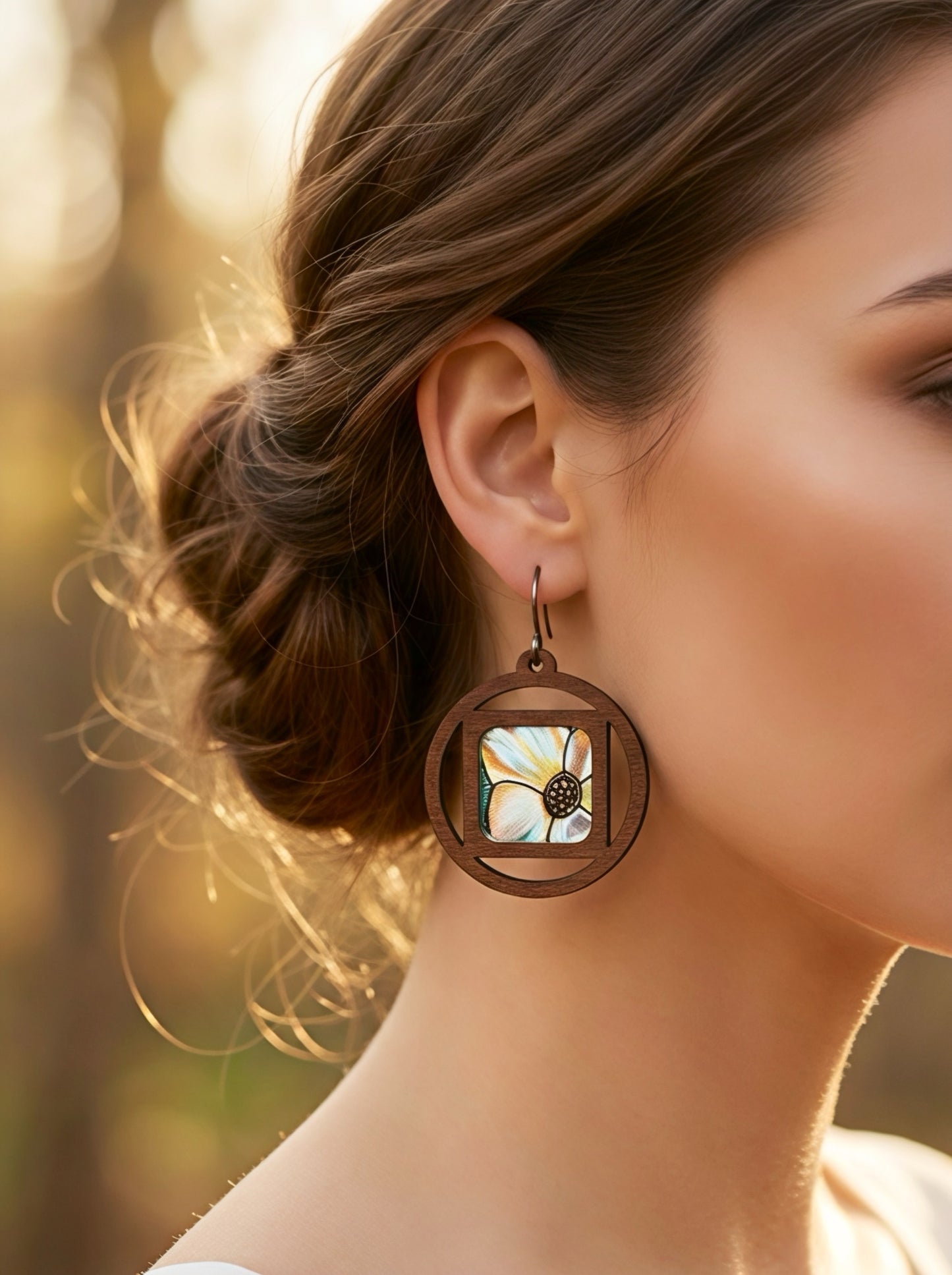 Round Square wood Dogwood flower earrings