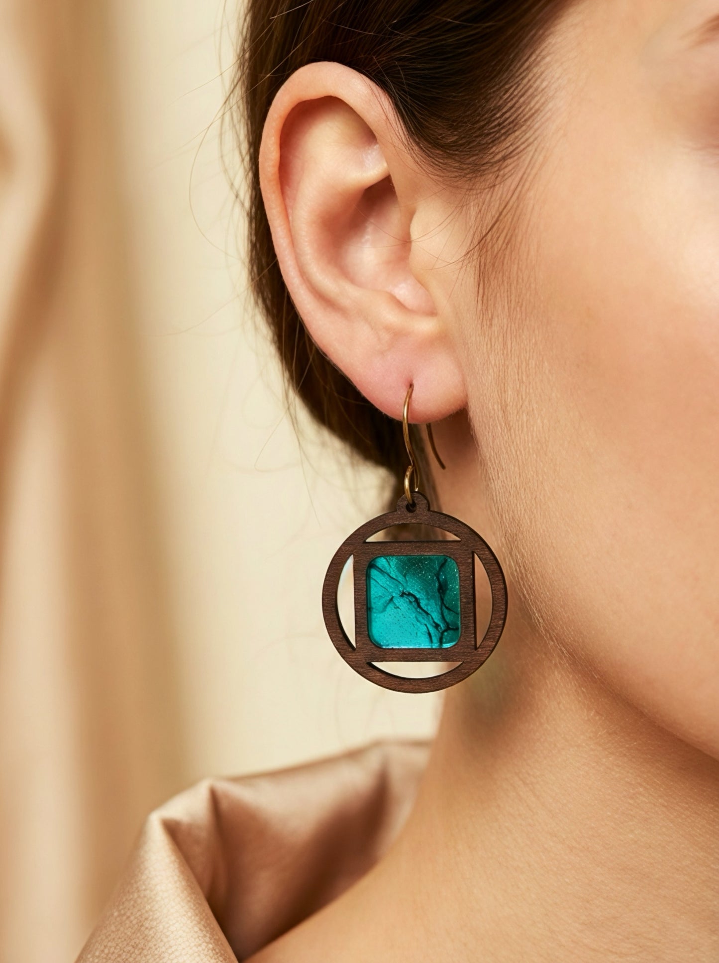 Round Square wood turquoise acrylic earrings