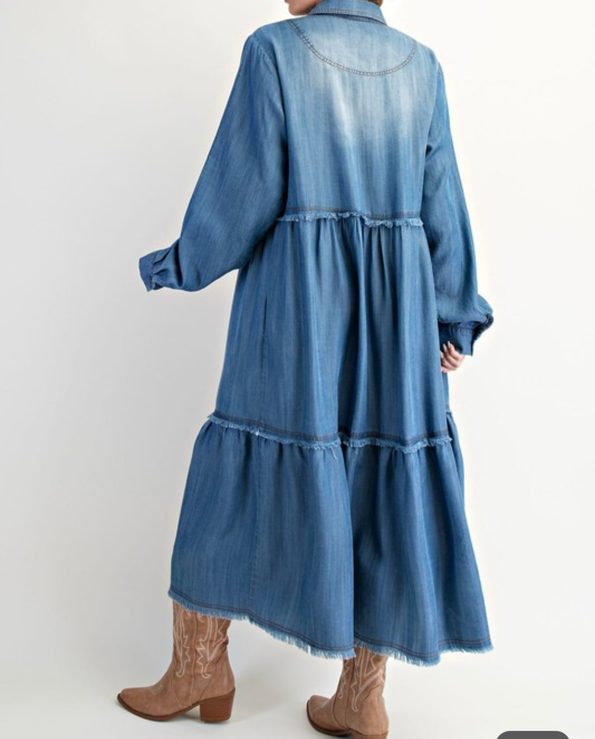 Button Front Washed Denim Maxi Dress by Easel