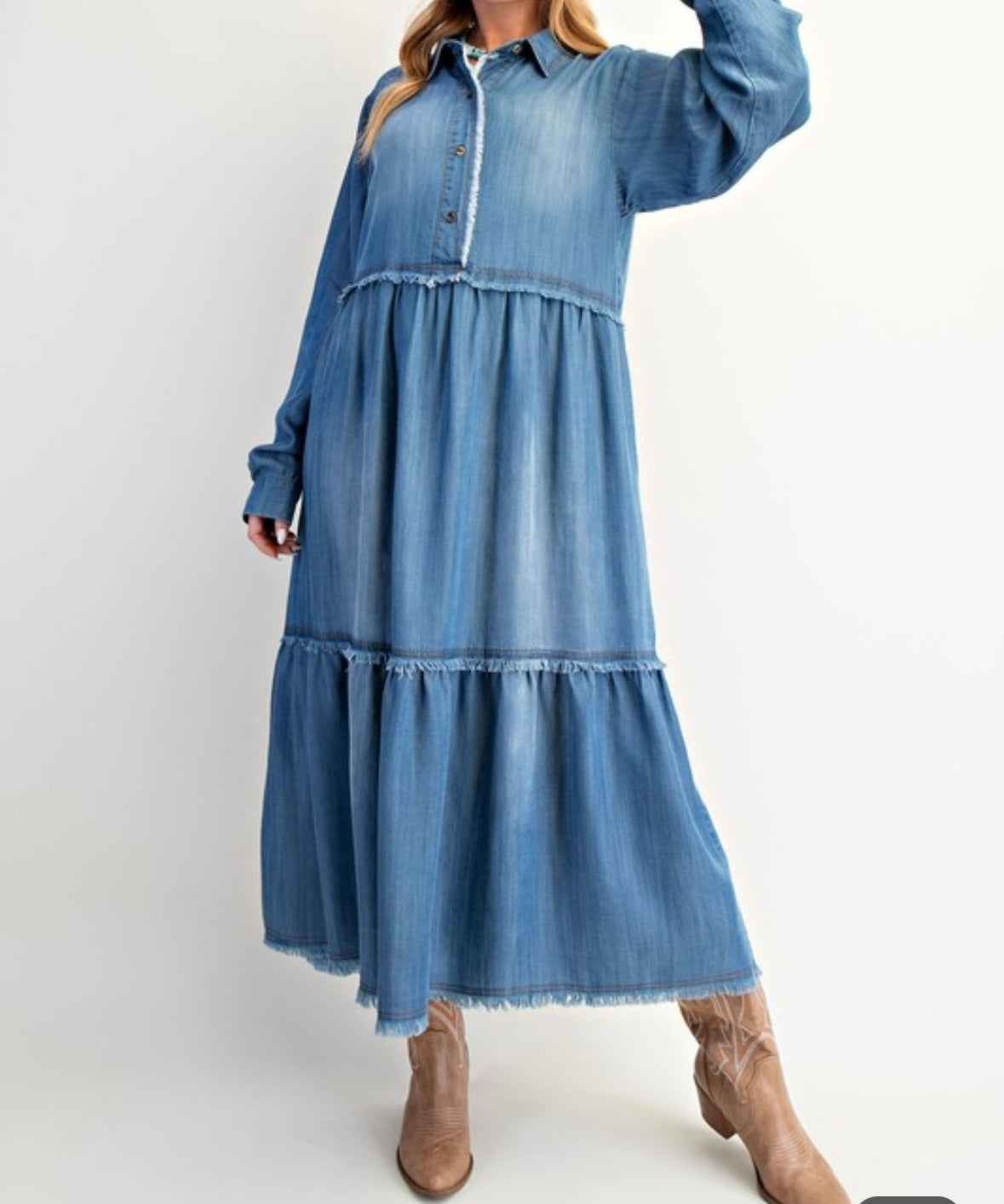 Button Front Washed Denim Maxi Dress by Easel