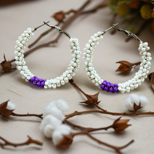 40mm White/Purple seed beaded hoop earrings