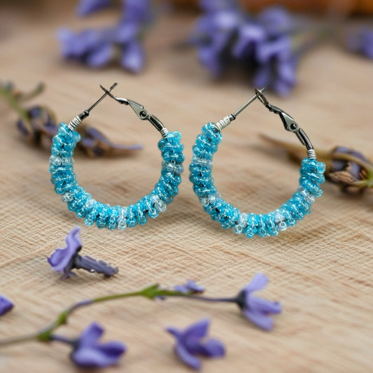 30mm Teal Seed bead hoop earrings