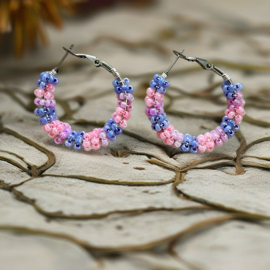 30mm Pink/Blue Beaded hoop earrings