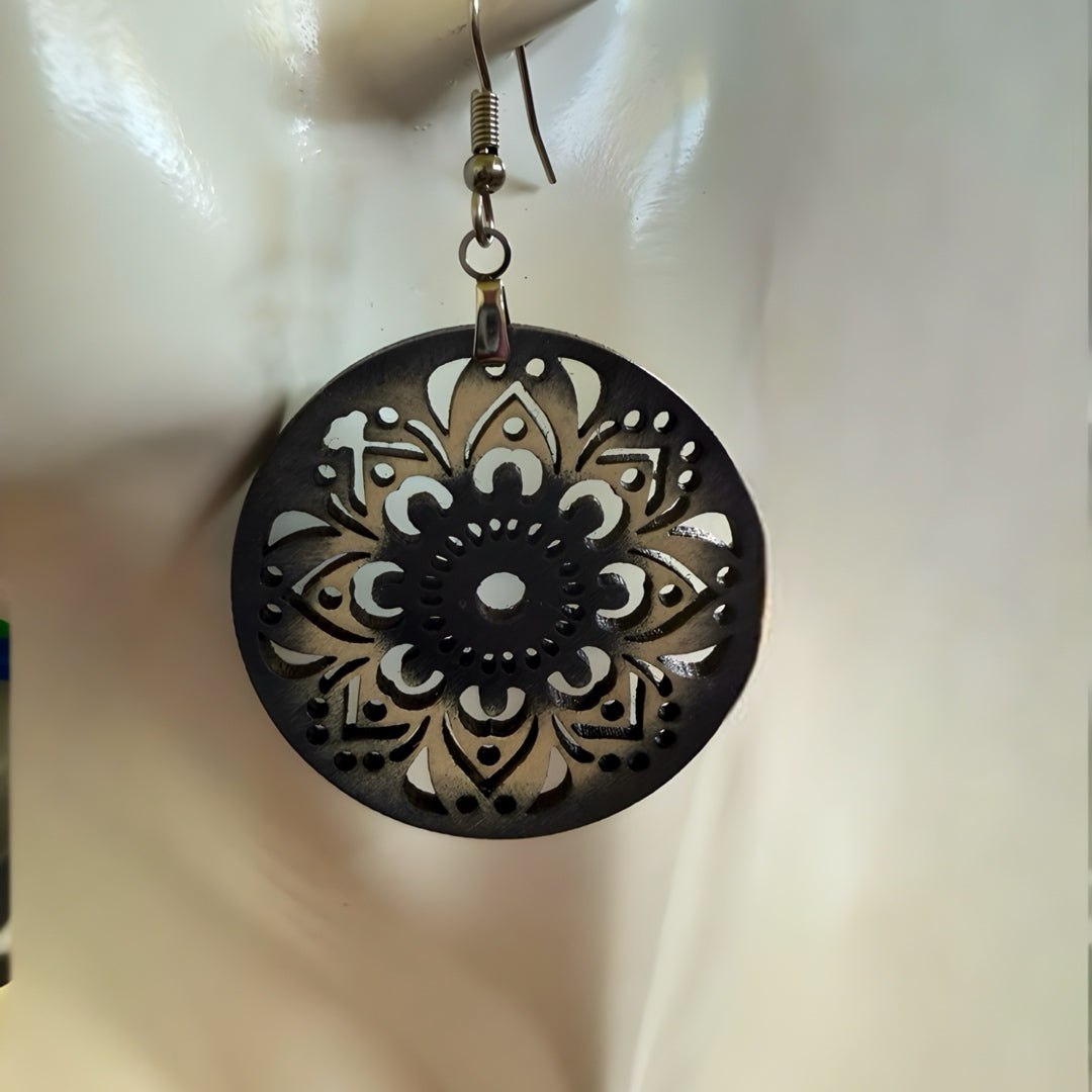 Floral motif cutout wooden earrings