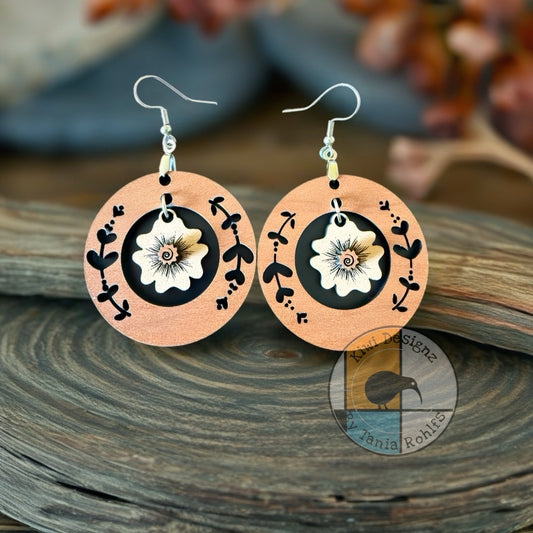 Round Floral wood drop earrings