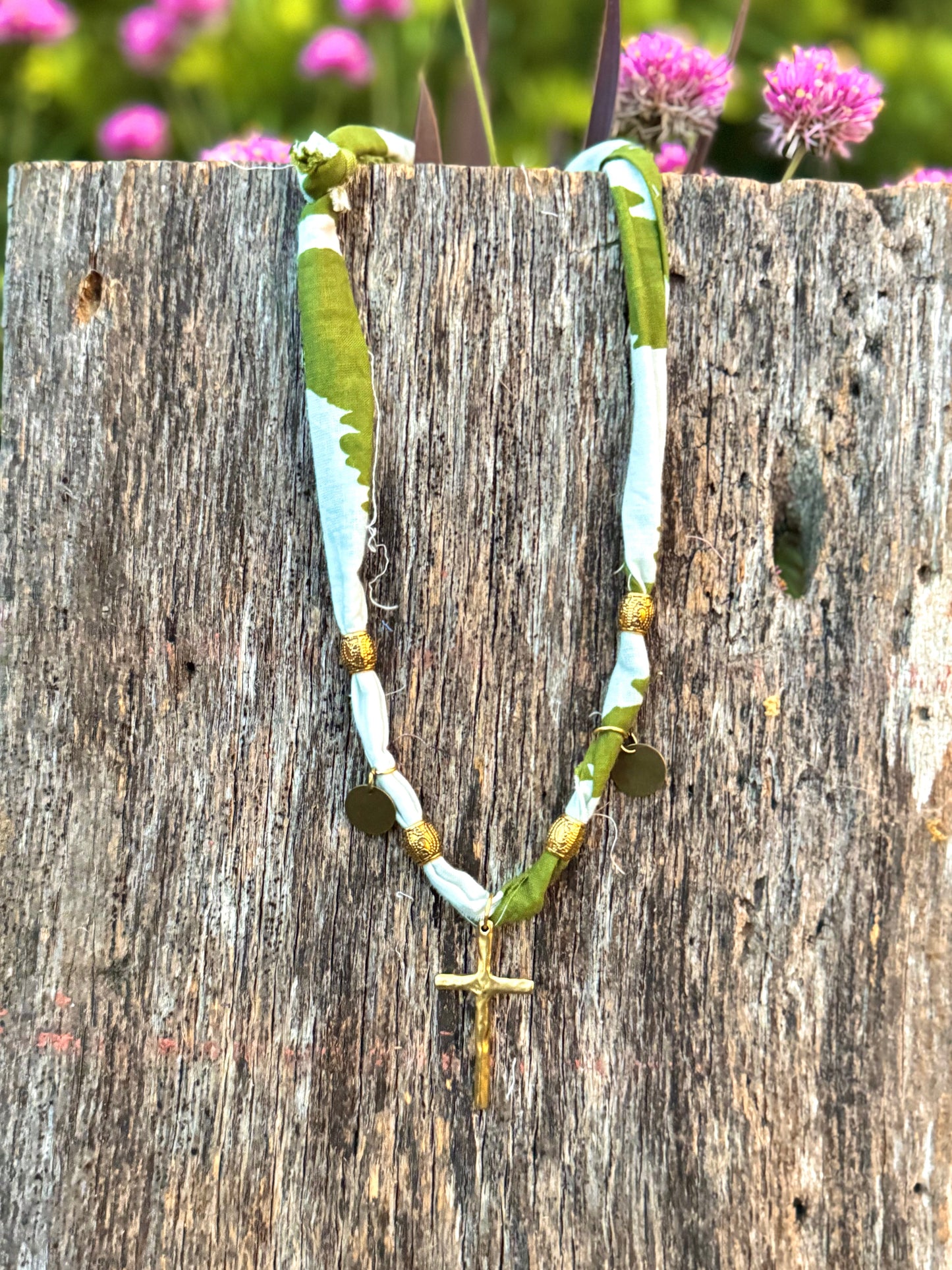 Fabric Gold Hammered Cross Pendant Necklace