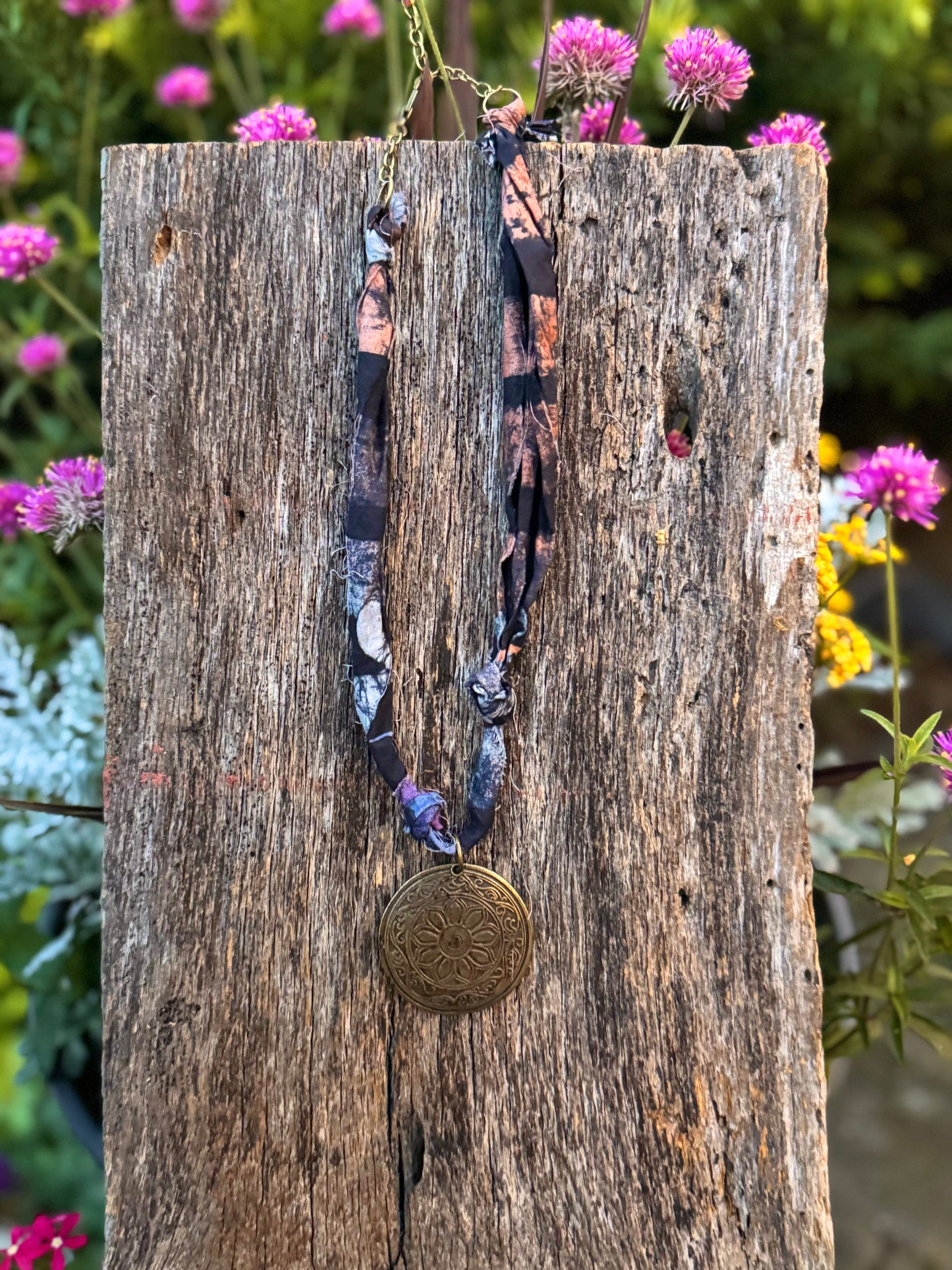 Fabric Bronze Medallion Pendant Necklace