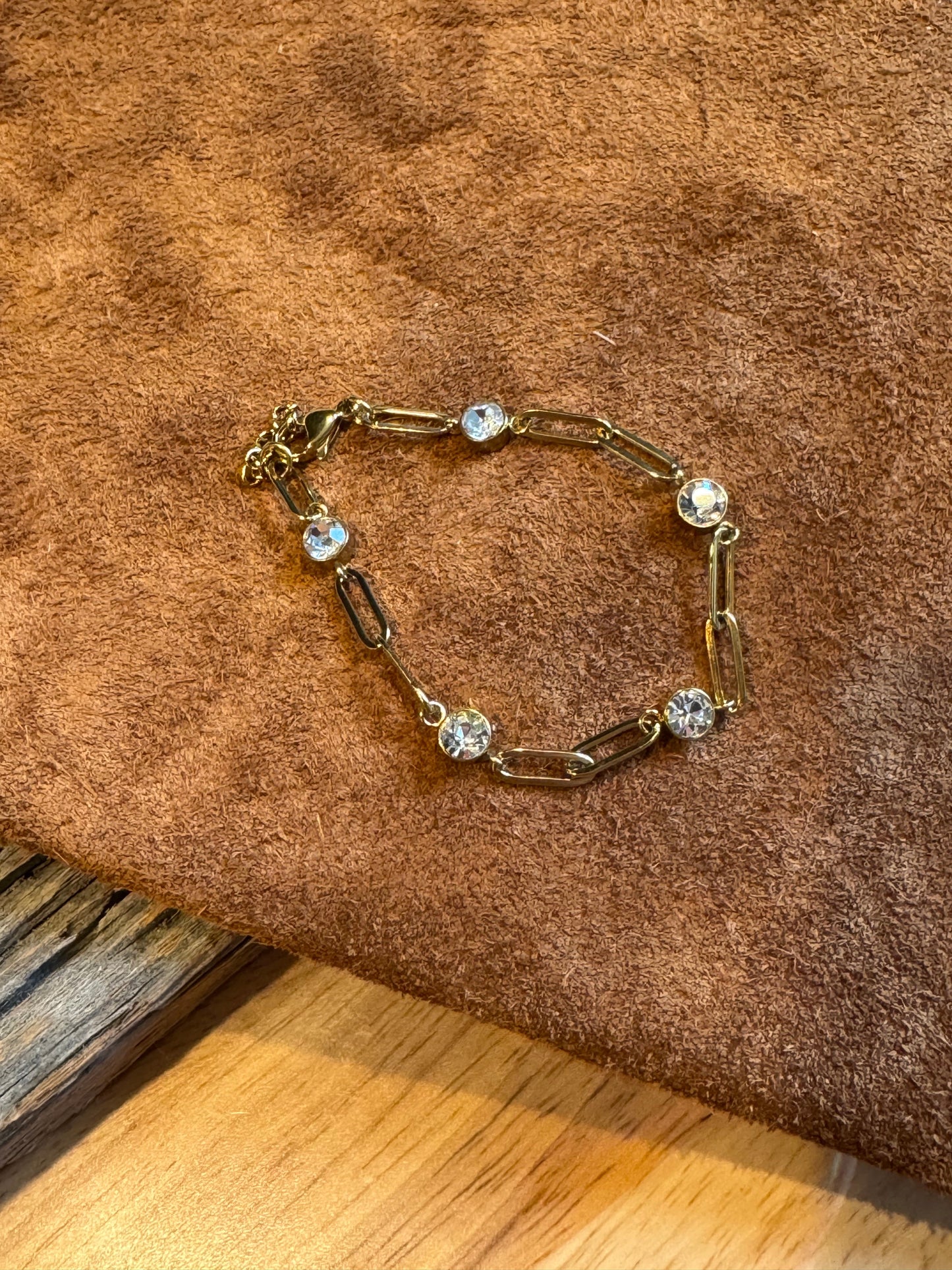 18K Gold Coated Stainless Steel Crystal Paperclip Bracelet