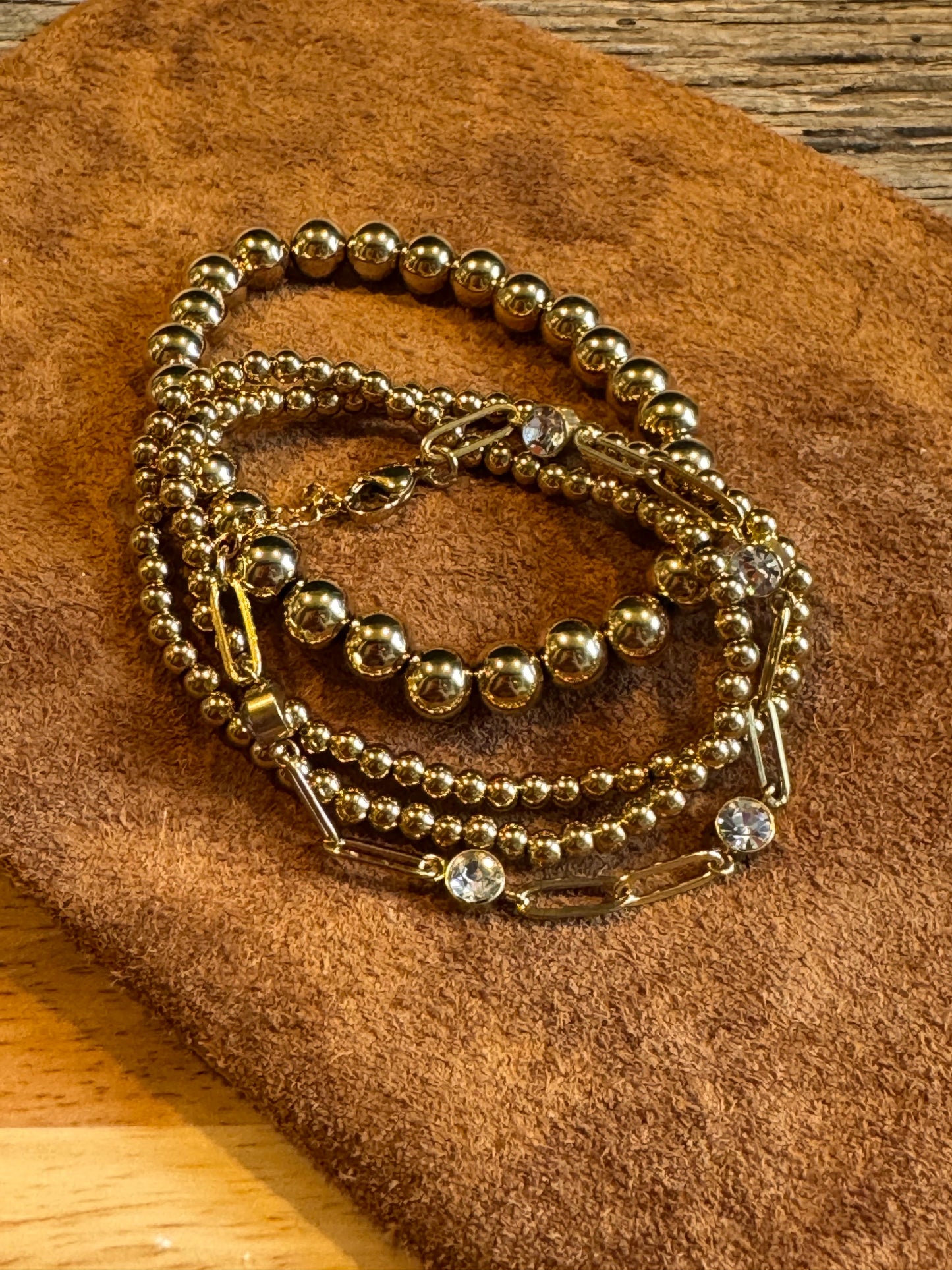 18K Gold PVD Coated Stainless Steel Metal 8MM Beaded Stretch Bracelet
