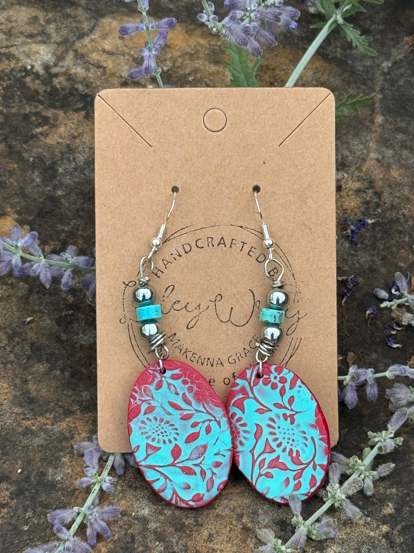 Turquoise and Red Oval floral Clay Earrings with natural Turquoise