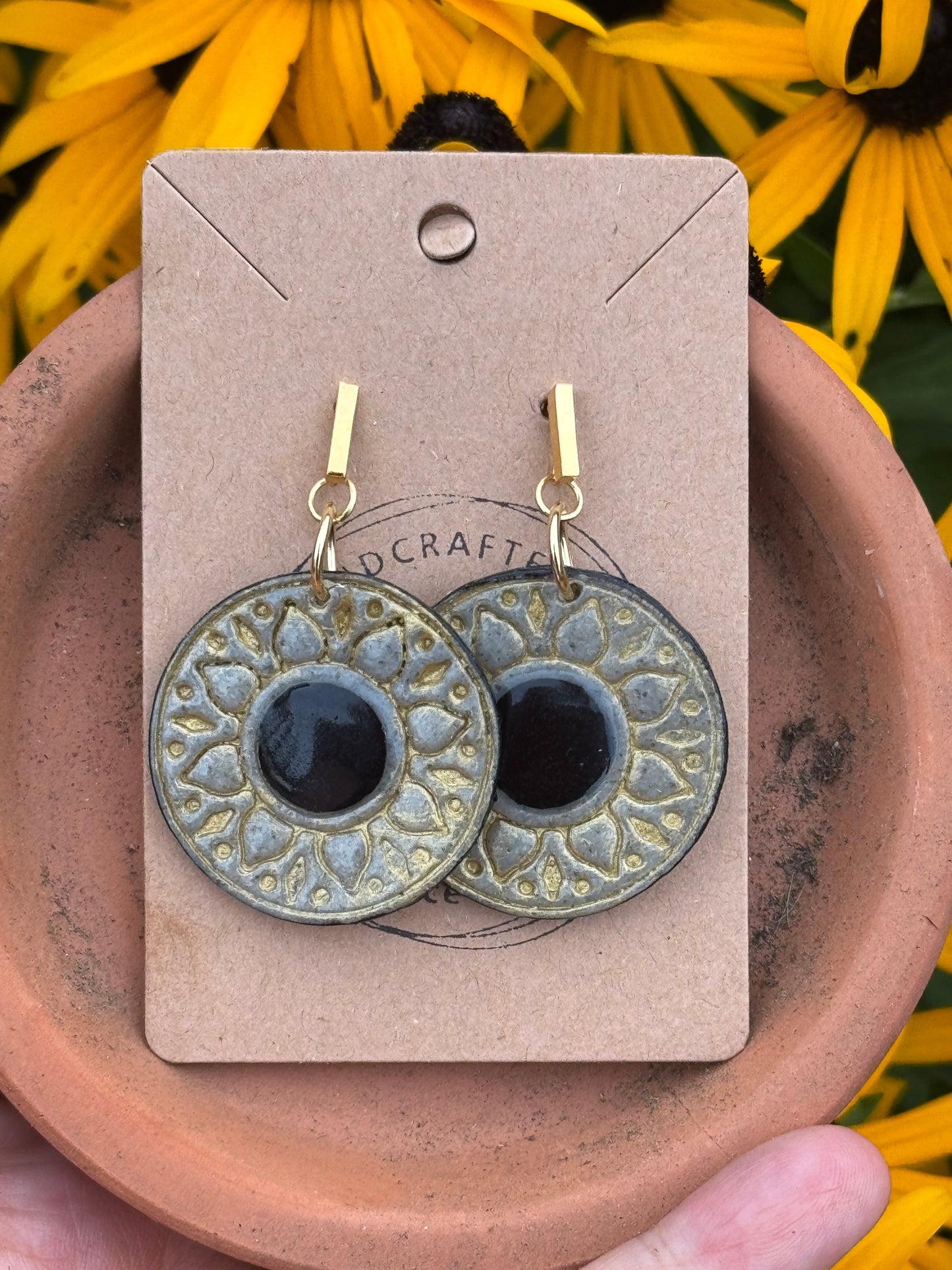Black & Gold Sunflower Clay Earrings