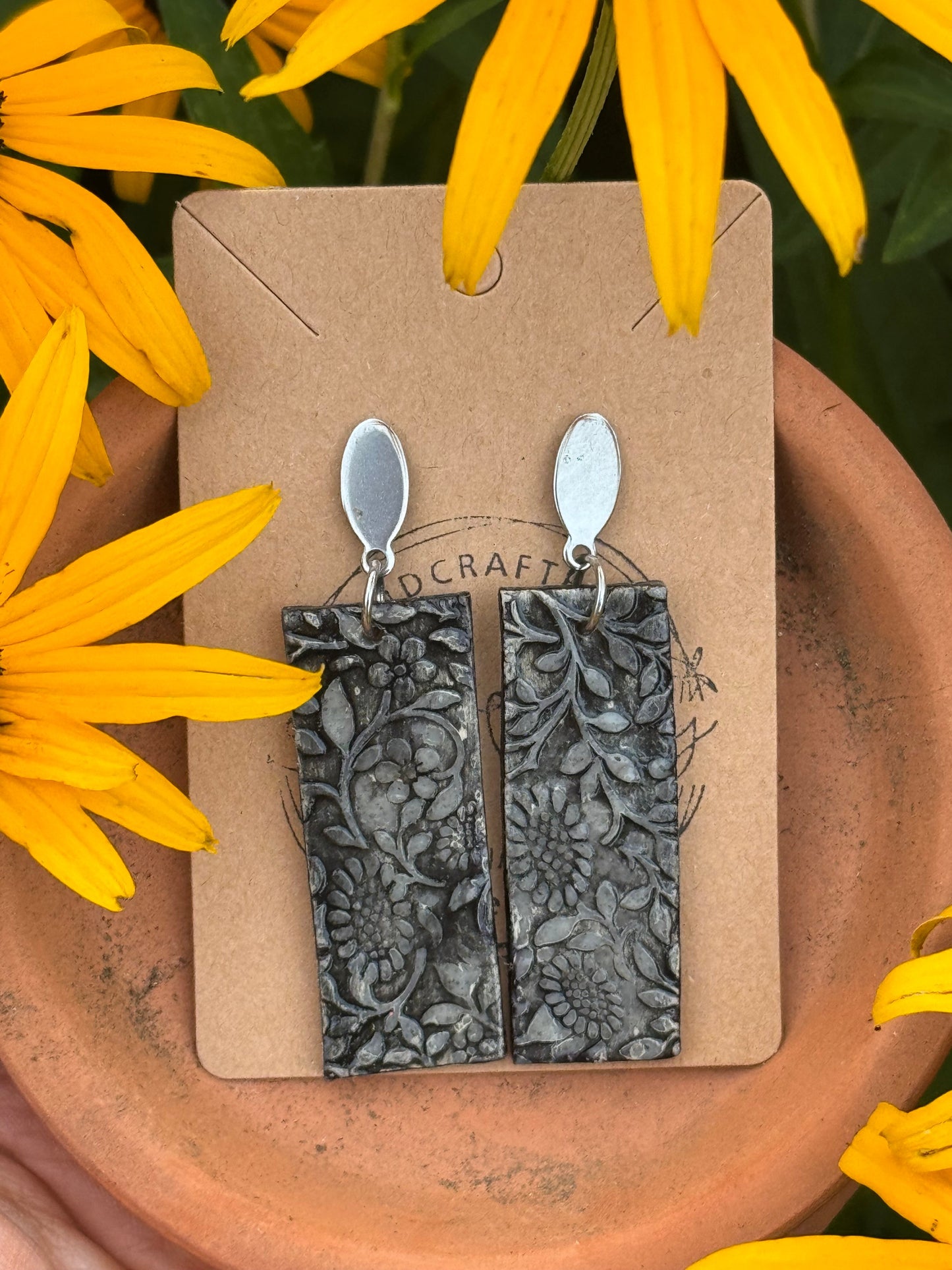 Black & gray Long Rectangle Clay Earrings embossed