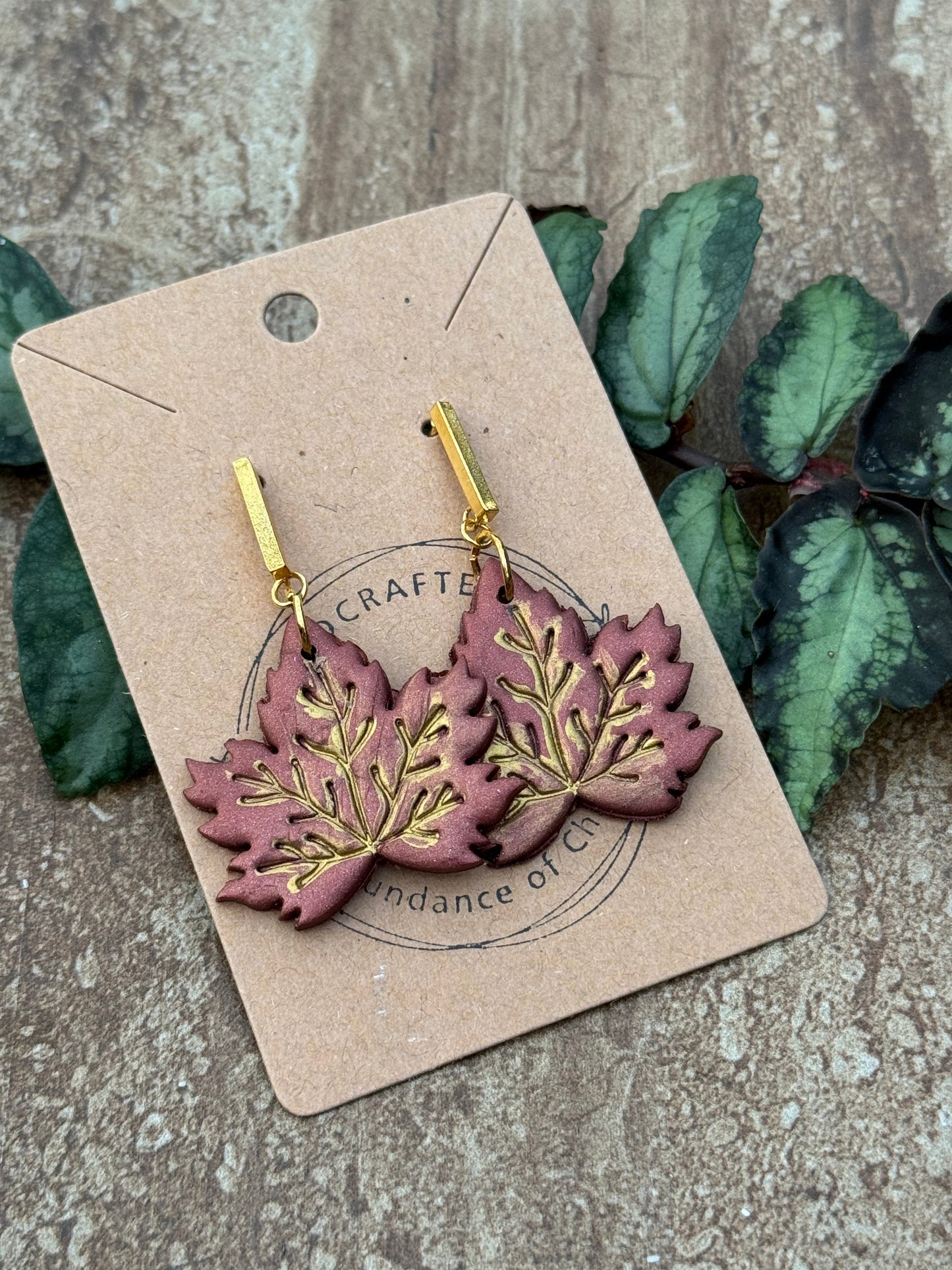 Burgundy & Gold Maple Leaf Clay Earrings
