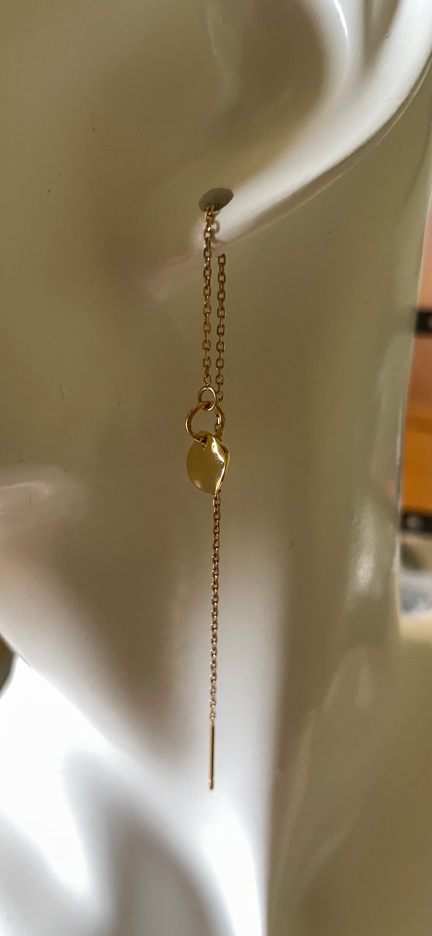 Gold wavy disk threader drop earrings