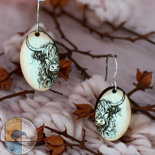 Highland Cow oval wooden earrings