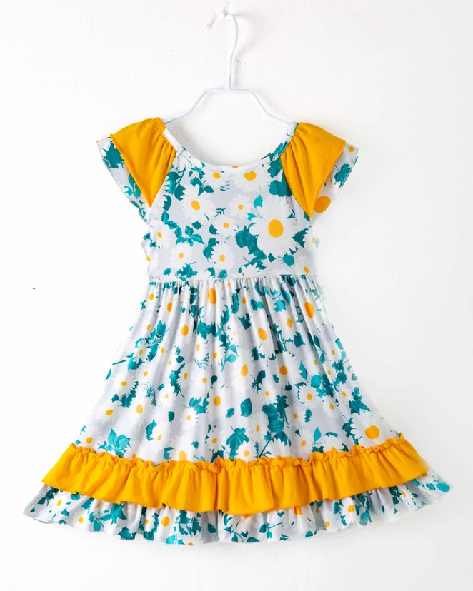 Spring Blue Ruffle Daisy Girls Dress