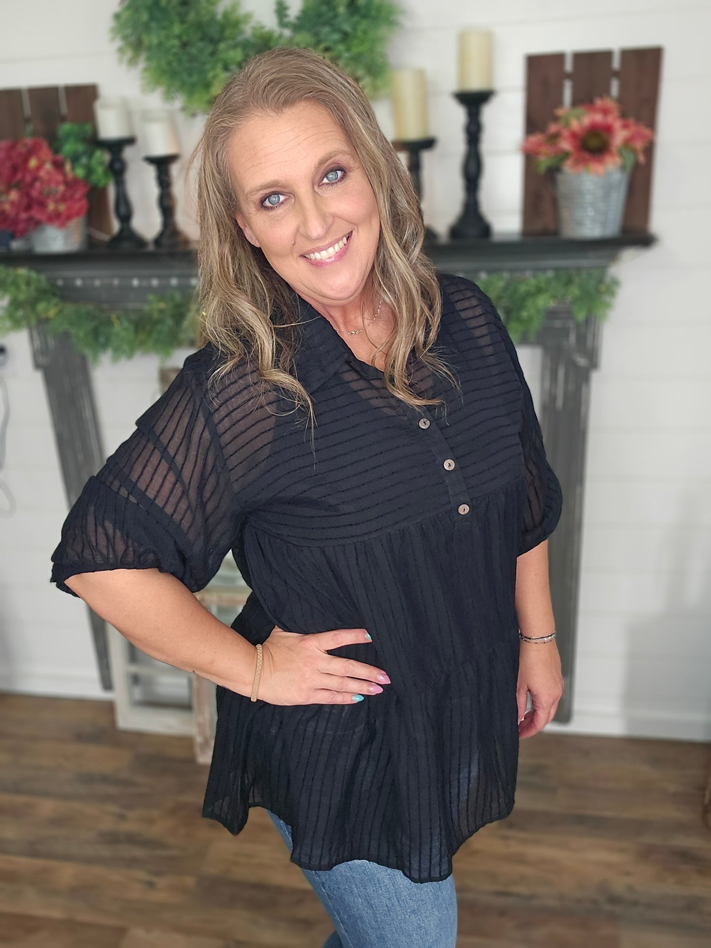 Candise Button Front Black Sheer Blouse