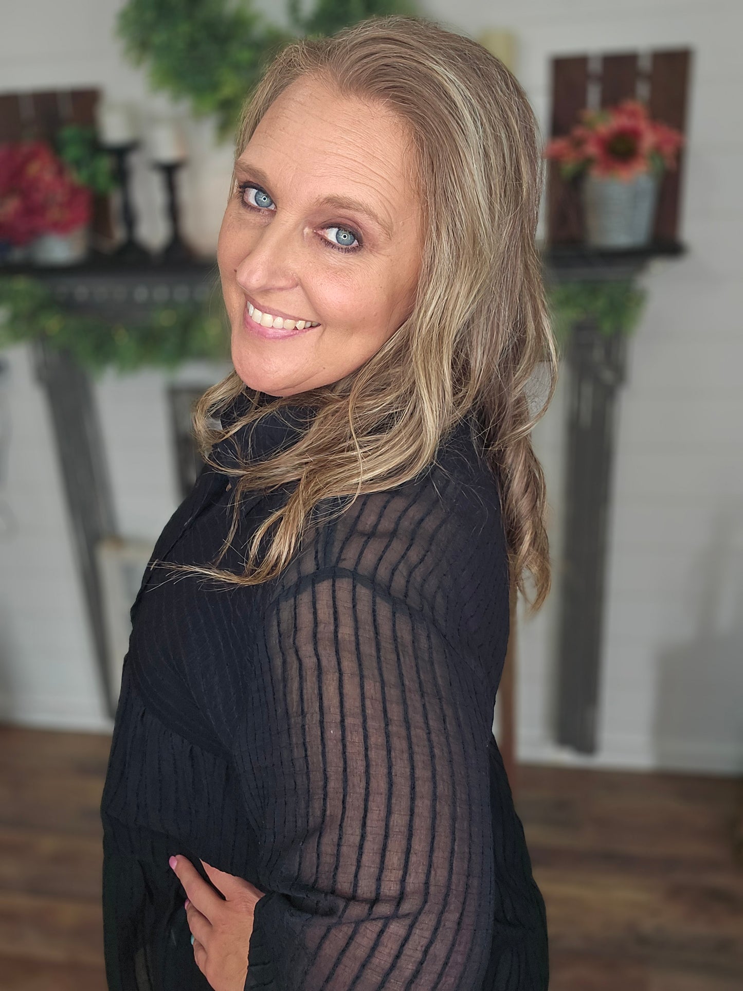 Candise Button Front Black Sheer Blouse