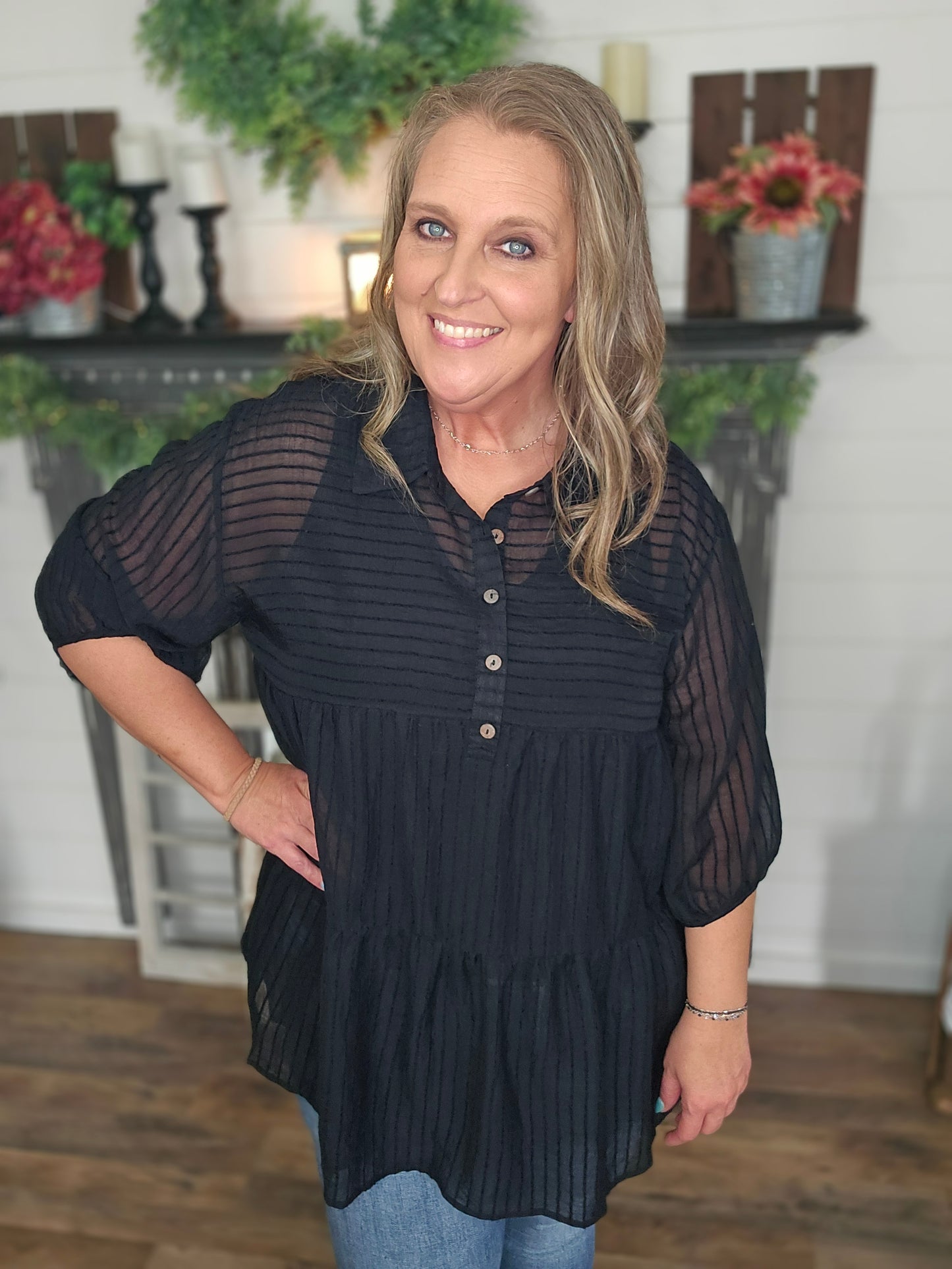 Candise Button Front Black Sheer Blouse