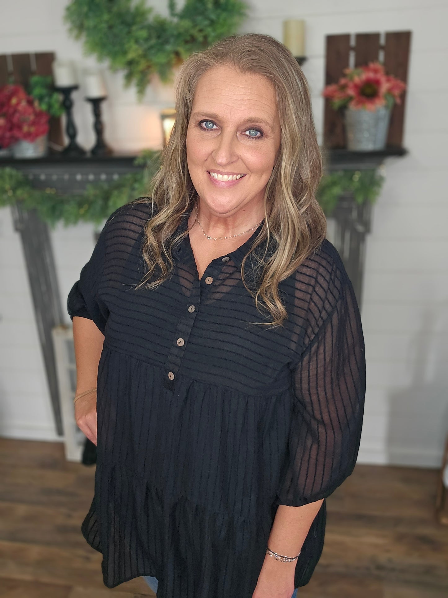 Candise Button Front Black Sheer Blouse