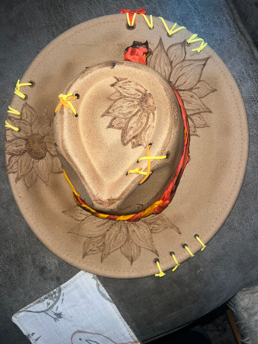 Sunflower Themed Kids Sized Camel Colored Rancher Hat