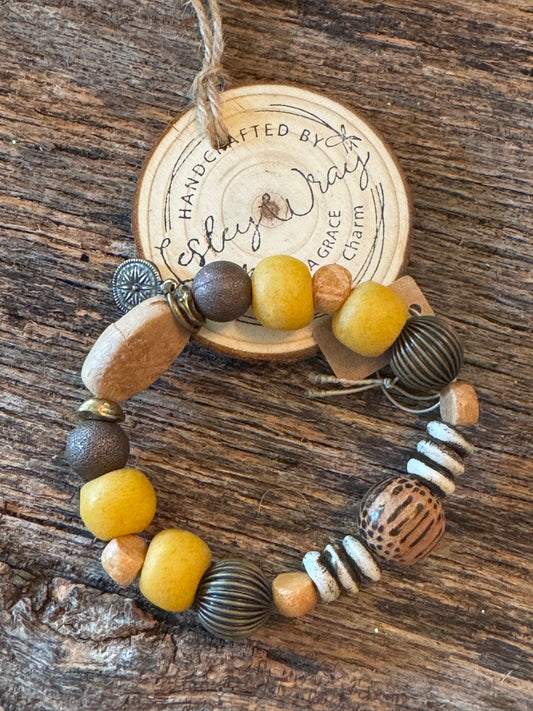 Yellow recylcled sea glass and African bead Stretch Bracelet