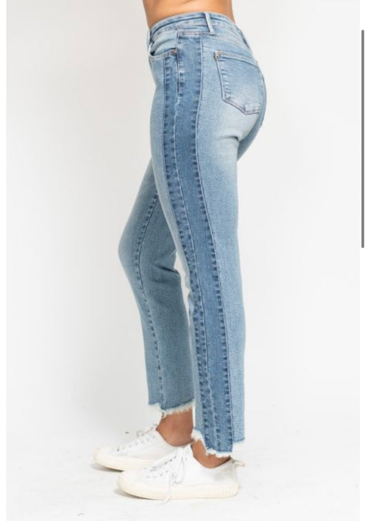 Judy Blue HW Side Panel Hi Low Fray Hem Slim Fit