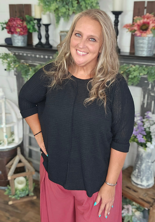 Vera V-Neck 3/4 Sleeve Jacquard Top