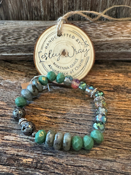 Labradorite & Green Czech Multi Bead Stretch Bracelet