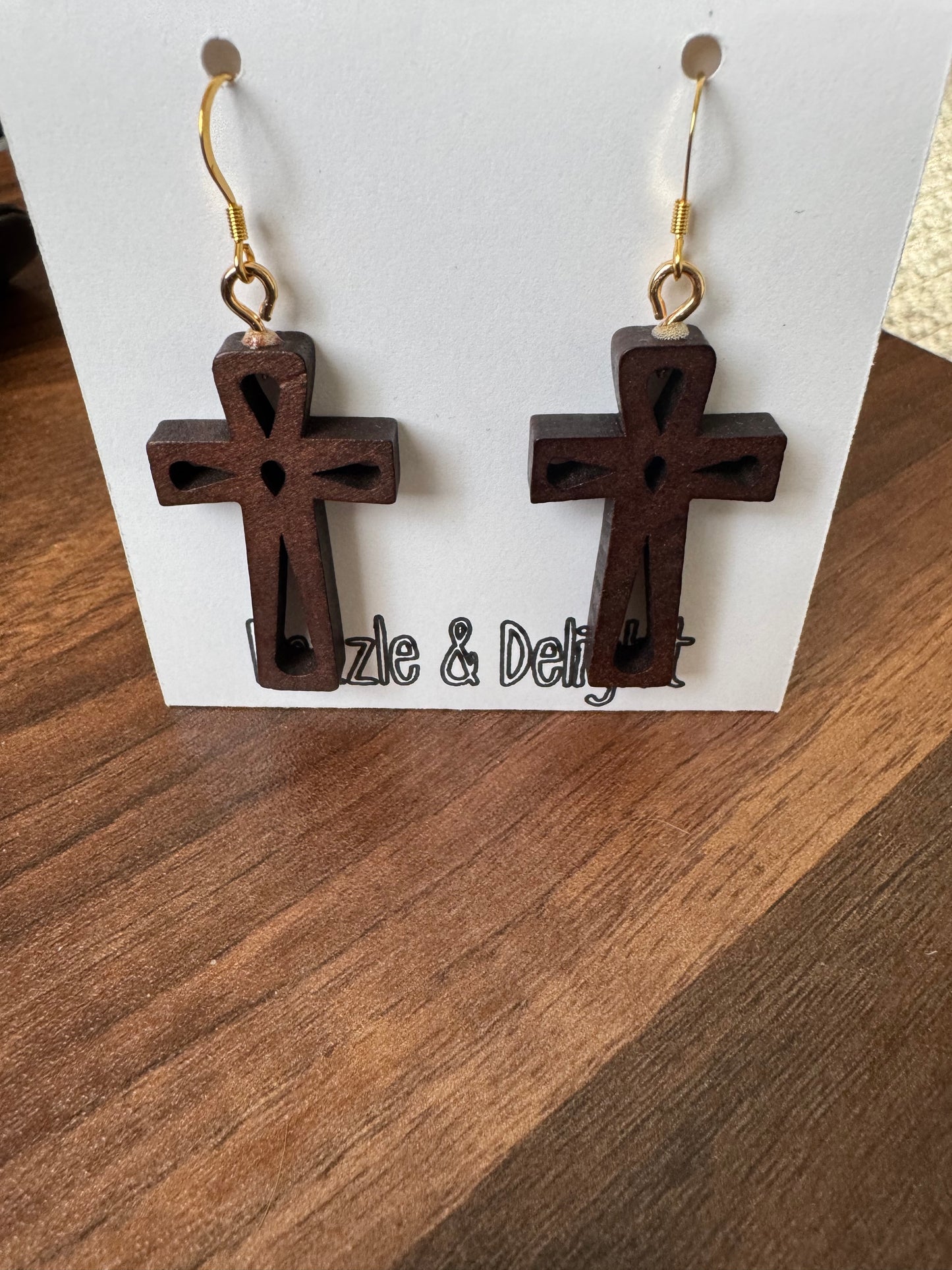 Dazzle and Delight Wood Cross Gold Hook Earrings