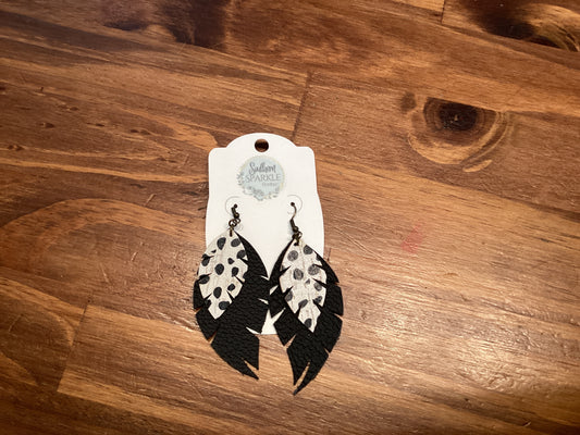 SSB large Black and white dot leaf dangle earrings