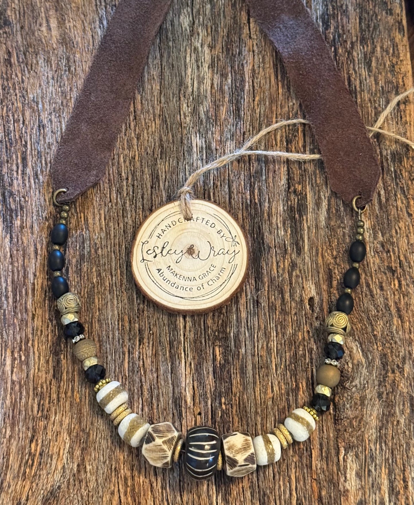 Boho beaded necklace with dark brown wide flat leather strap