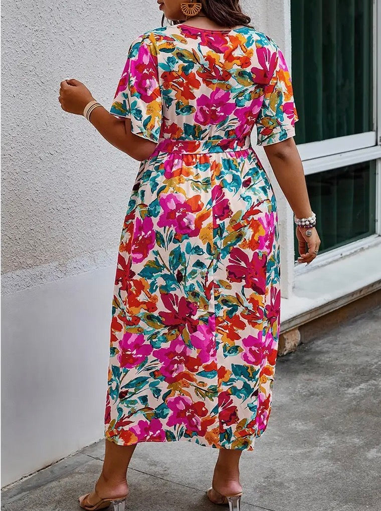 Fancy Floral Butterfly Sleeve Midi Dress