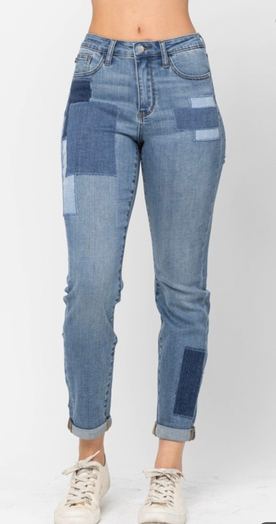 Judy Blue HW Double Cuff Patch BF Jeans