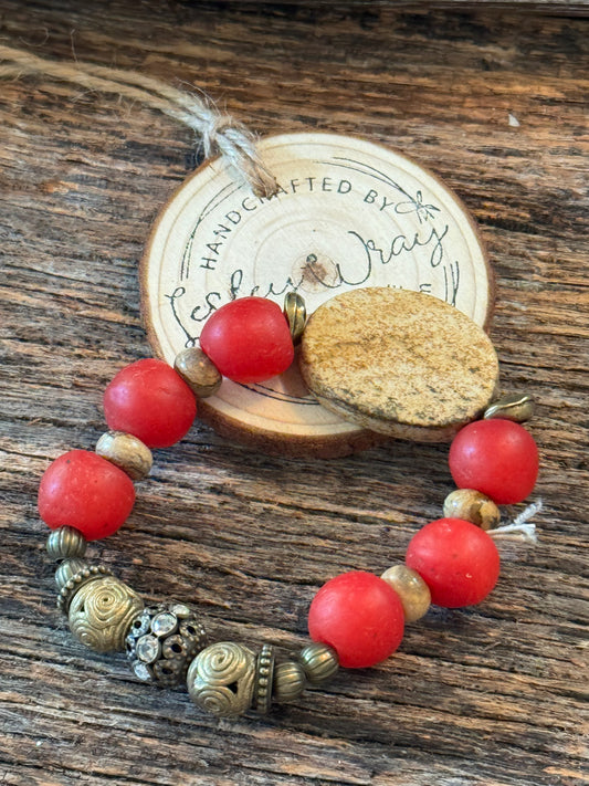 Cherry Red Sea Glass beads and Jasper bead Stretch Bracelet