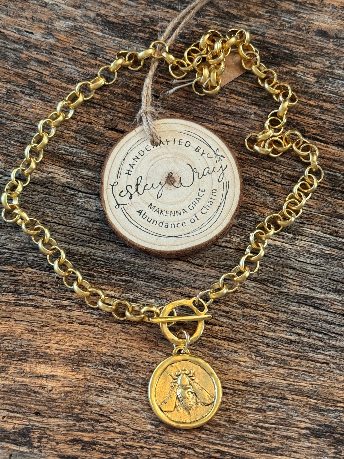 Gold Toggle Necklace with Bee Coin Charm