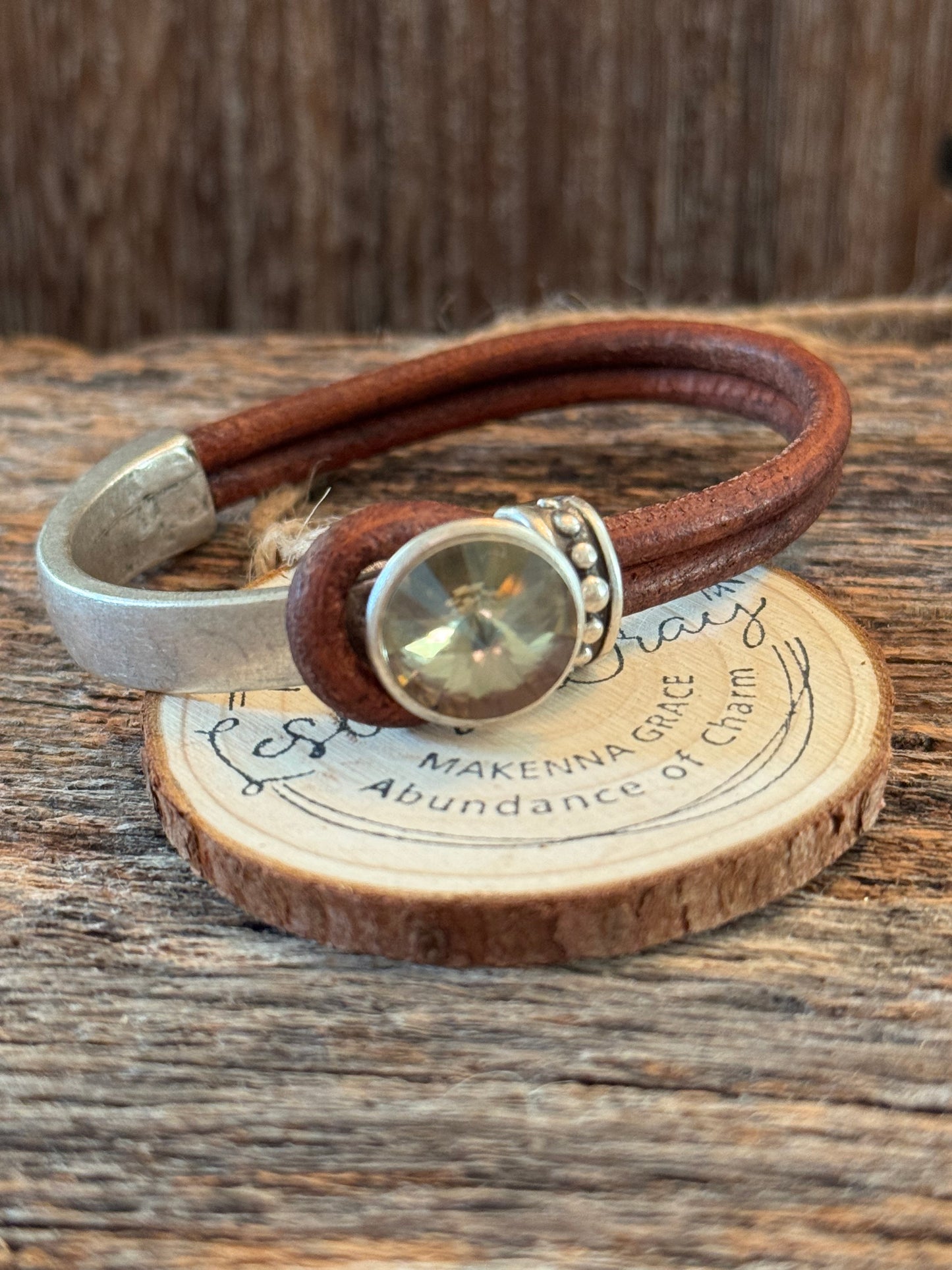 Half Metal/Leather Cuff Bracelet with Crystal