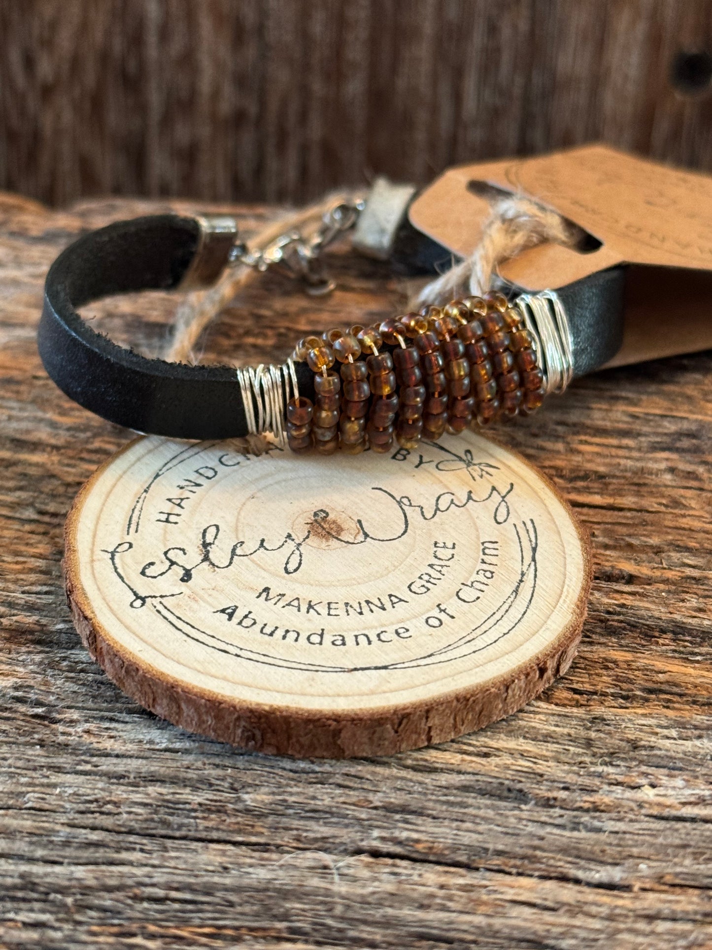 Flat Leather Cuff bracelet wrapped with seed beads