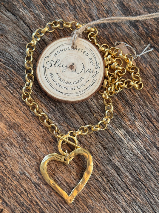 Gold Toggle Necklace with Large Heart Pendant