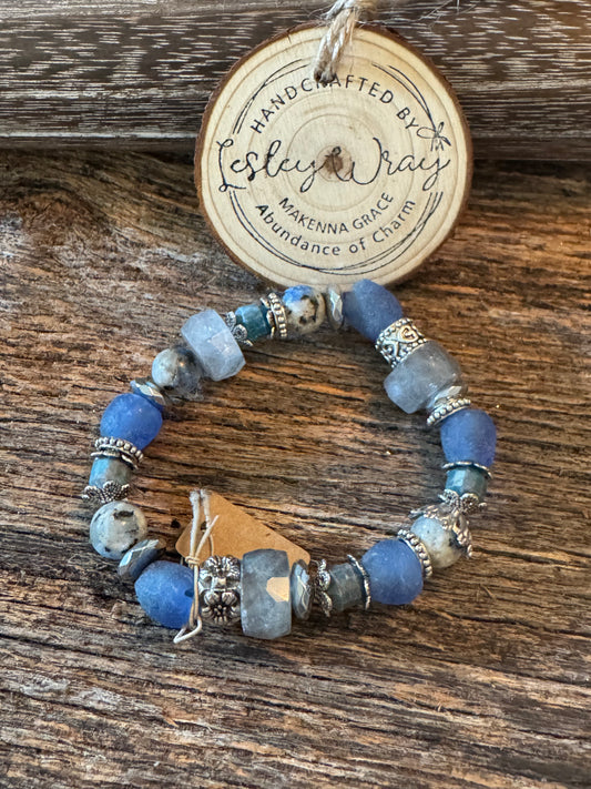 Labradorite faceted Bead and blue sea glass Stretch Bracelet