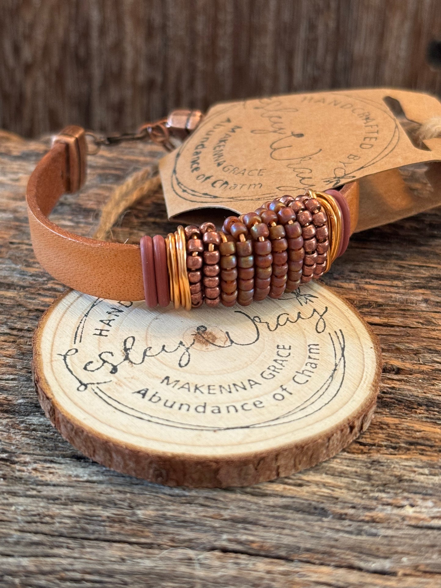 Flat Leather Cuff bracelet wrapped with seed beads