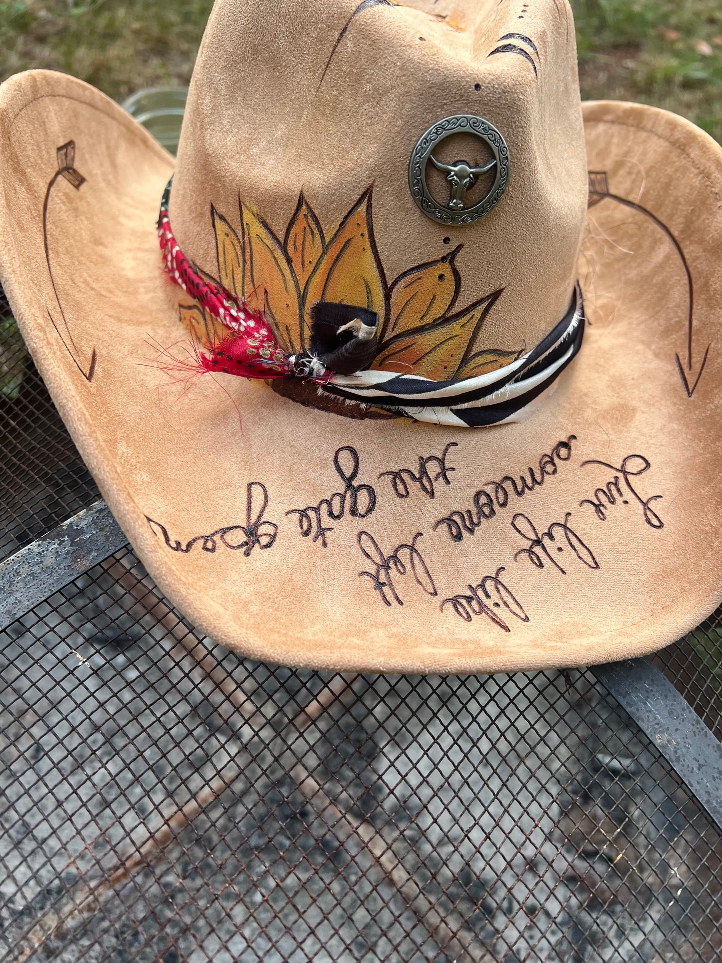 Custom Burned Vegan Suede Hand Painted Rolled Brim Cowboy Hat.  “Live Like Someone Left the Gate Open”