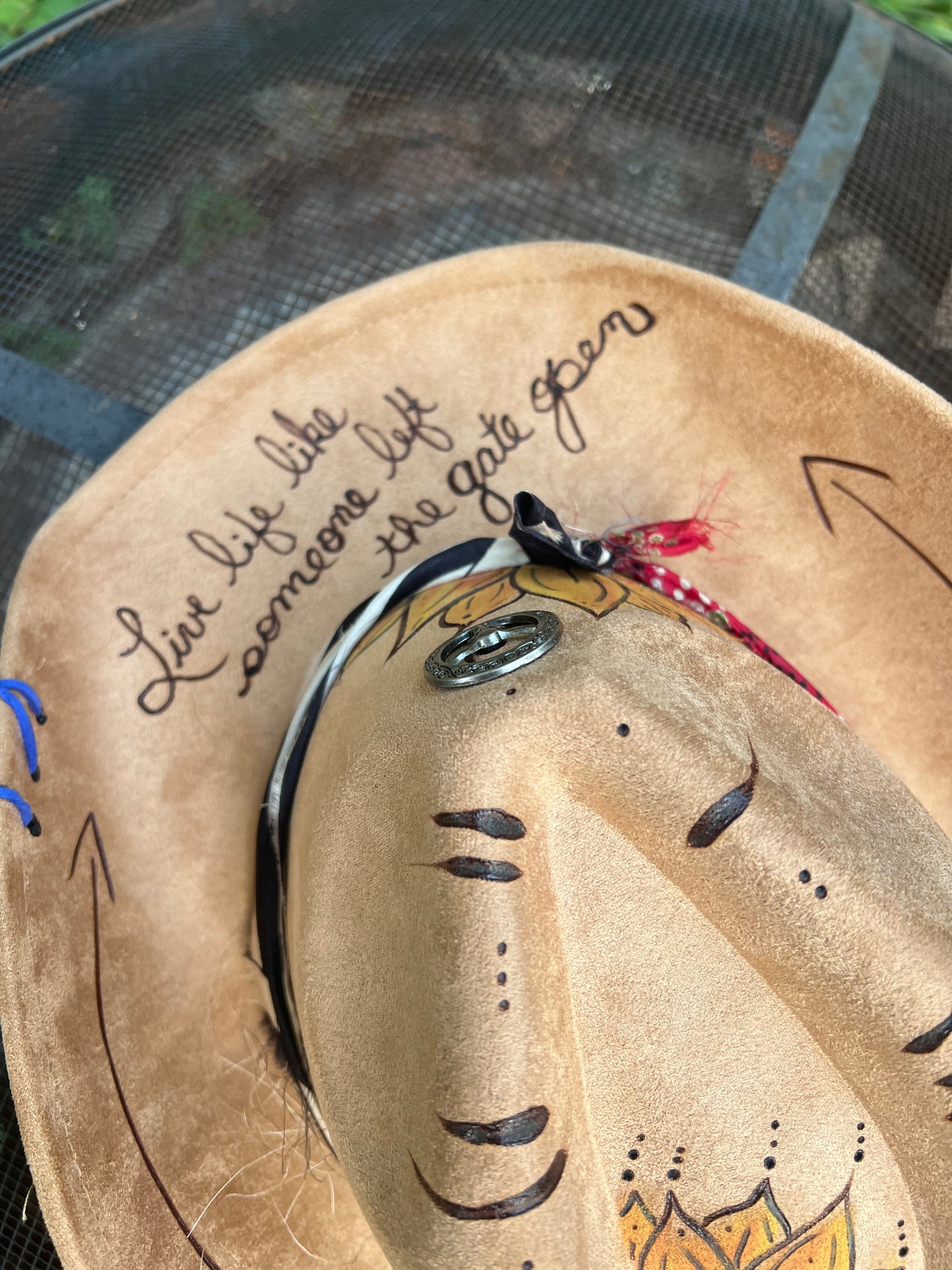 Custom Burned Vegan Suede Hand Painted Rolled Brim Cowboy Hat.  “Live Like Someone Left the Gate Open”