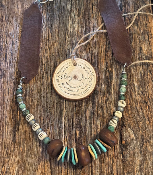 Boho beaded necklace with dark brown wide flat leather strap