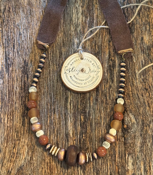 Boho beaded necklace with dark brown wide flat leather strap