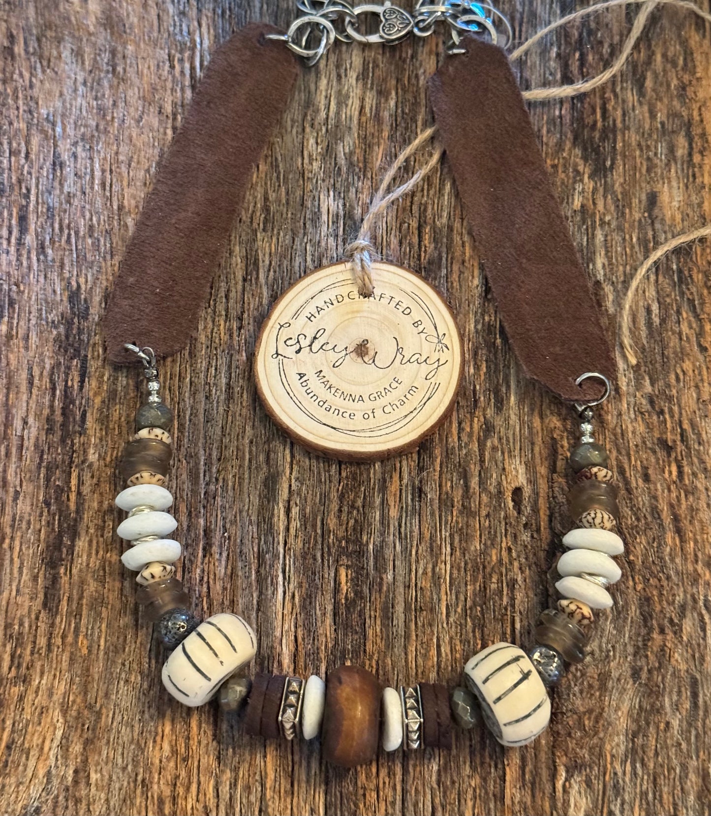 Boho beaded necklace with dark brown wide flat leather strap