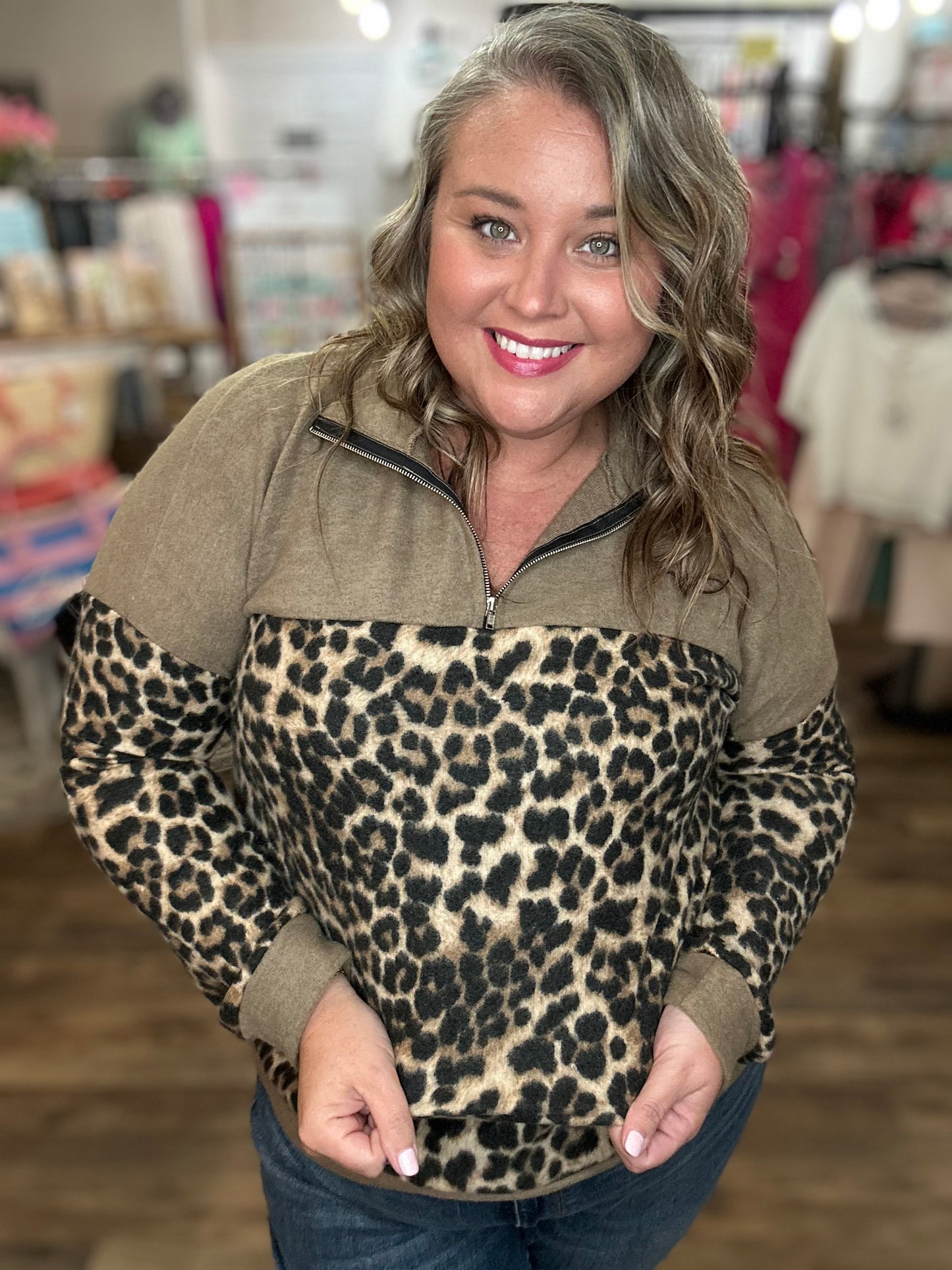 Leopard Block Zip Up Sweatshirt