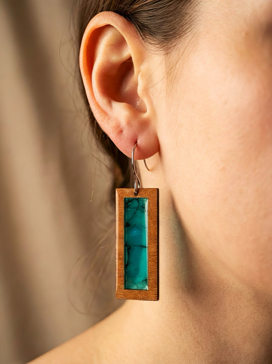 Rectangle wood/acrylic turquoise earrings